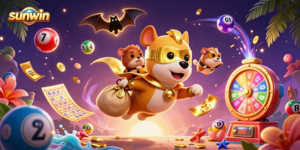 Experience thrilling wins with sunwin's vibrant illustration featuring a superhero dog and colorful gambling symbols.