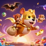 Experience thrilling wins with sunwin's vibrant illustration featuring a superhero dog and colorful gambling symbols.
