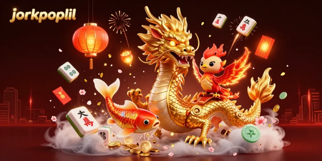 Engage with jorkpoplil's vibrant casino world featuring a dragon, phoenix, and koi fish.